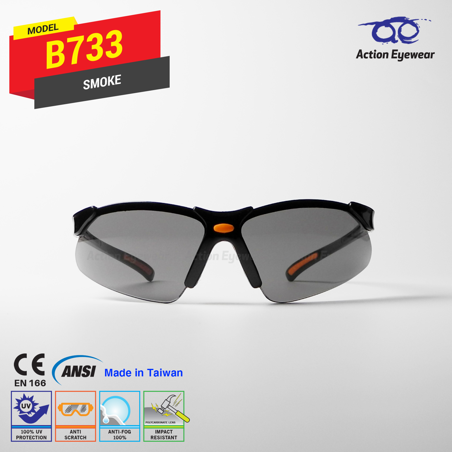 แว่นตานิรภัย รุ่น B733 (กันฝ้า 100%) เลนส์ดำ