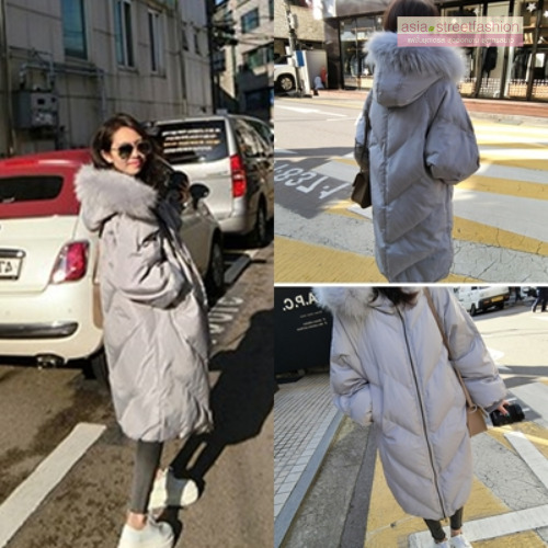 เสื้อกันหนาวฮู้ดดี้ ทรงยาว แต่งเฟอร์หนาฟู เทา งานเกรดดีเหมือนแบบ อุ่นมาก หิมะก็เอาอยู่ (ถอดขนถอดฮู้ดได้)