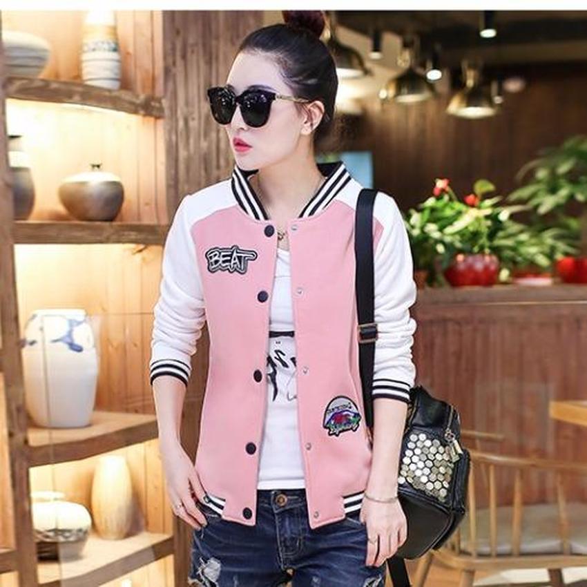 KK เสื้อคลุม แขนยาว ผ้าฝ้าย แต่งแถบ (สีชมพู/ขาว) รุ่น AW-385 (L)