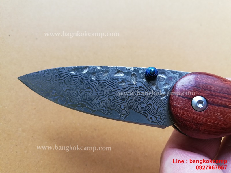 มีดพับ ดามัสกัส Damascus ด้ามไม้ หมุดฟ้า