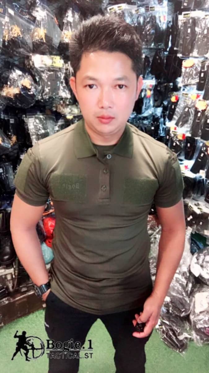 เสื้อ POLO แบรนด์ Bogie.1 เนื้อผ้าเนียนนุ่มสวมใส่สบาย ตีนตุ๊กแกหน้าอก+แขน ท้งซ้าย-ขวา สีเขียว