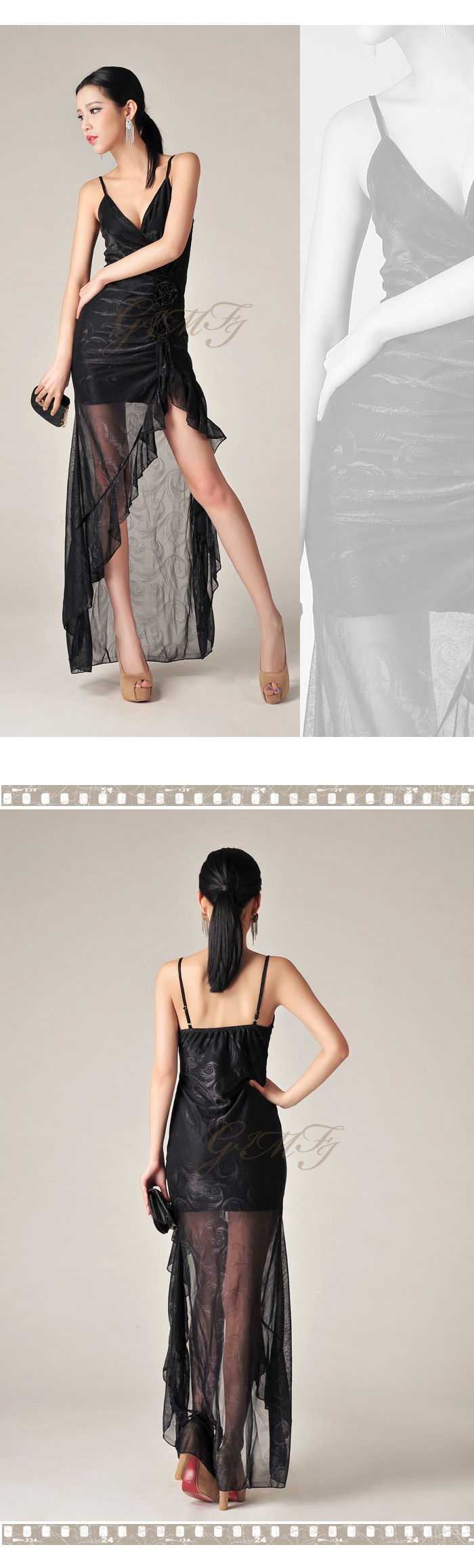 MAXI DRESS ชุดเดรสยาวแฟชั่นสายเดี่ยว SEXY สีดำ ผ้าตาข่าย แต่งดอกไม้ สวยมาก ใส่ออกงานกลางคืนได้ ASIA STREET FASHION
