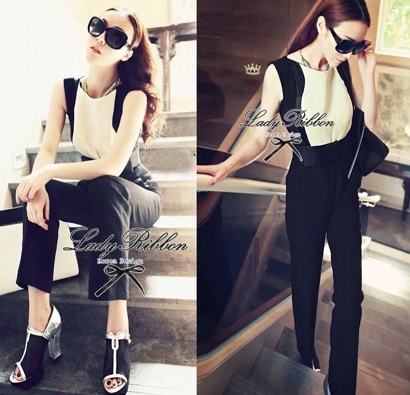 Lady Ribbon\'s Made Lady Ribbon BlackWhite Jumpsuit จั้มสูทขาวดำ มาพร้อมเข็มขัดโบว์เข้าเซต