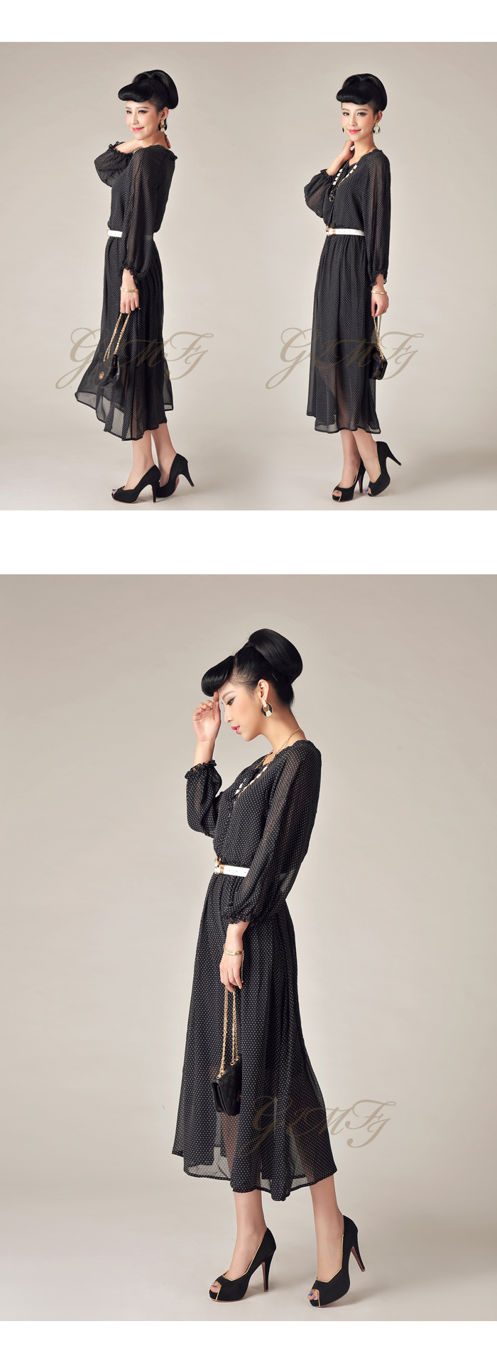 MAXI DRESS ชุดเดรสยาวแฟชั่นแขนยาว สีดำลายจุดขาว คอวี ผ้าชีฟอง จั๊มเอว ใส่เที่ยว ใส่ทำงาน สวยมาก ASIA STREET FASHION