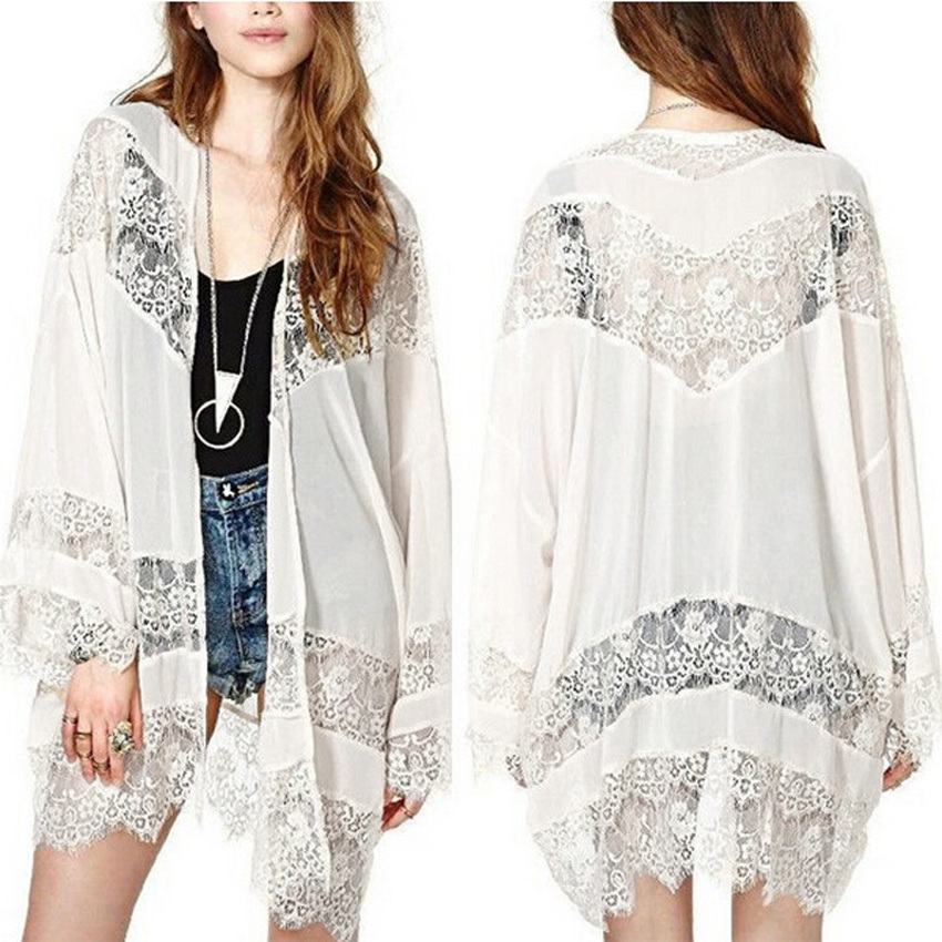 zanzea Lace Chiffon Kimono Cardigan (White)