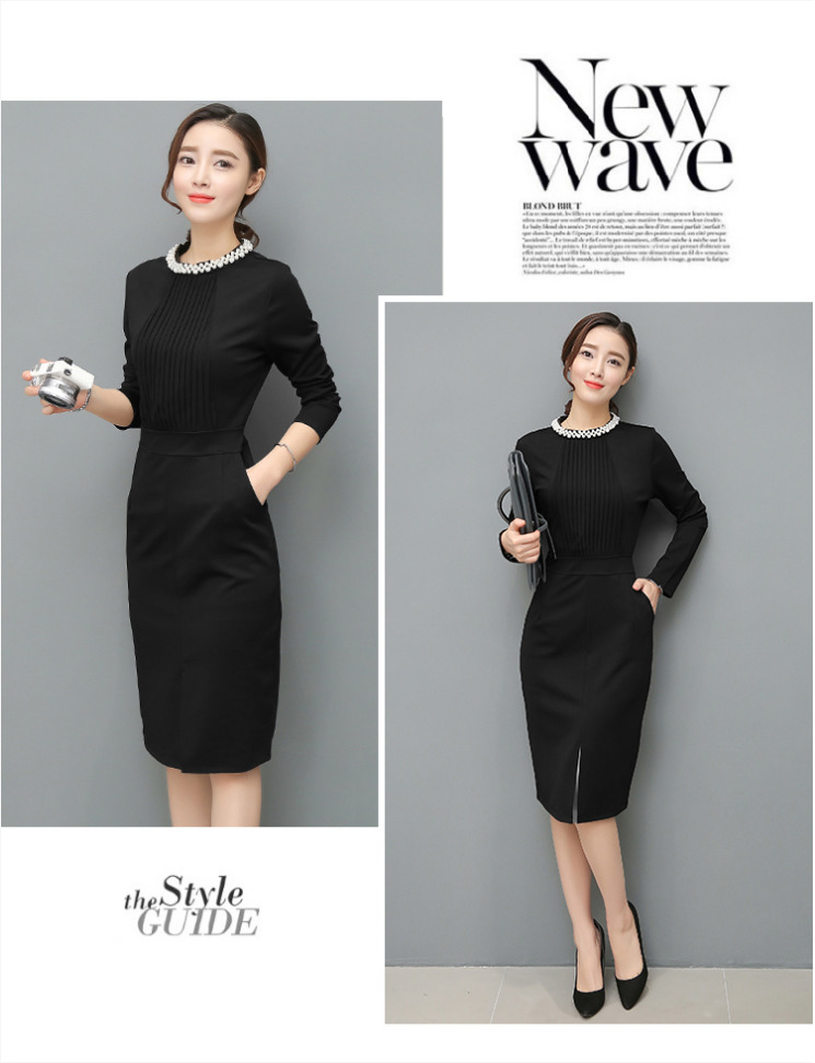 ชุดเดรสทำงานสีดำ ทรงเข้ารูป แขนยาว คอปิดประดับมุก แนวเรียบหรู สวยสง่า ดูดี สไตล์สาวออฟฟิศ