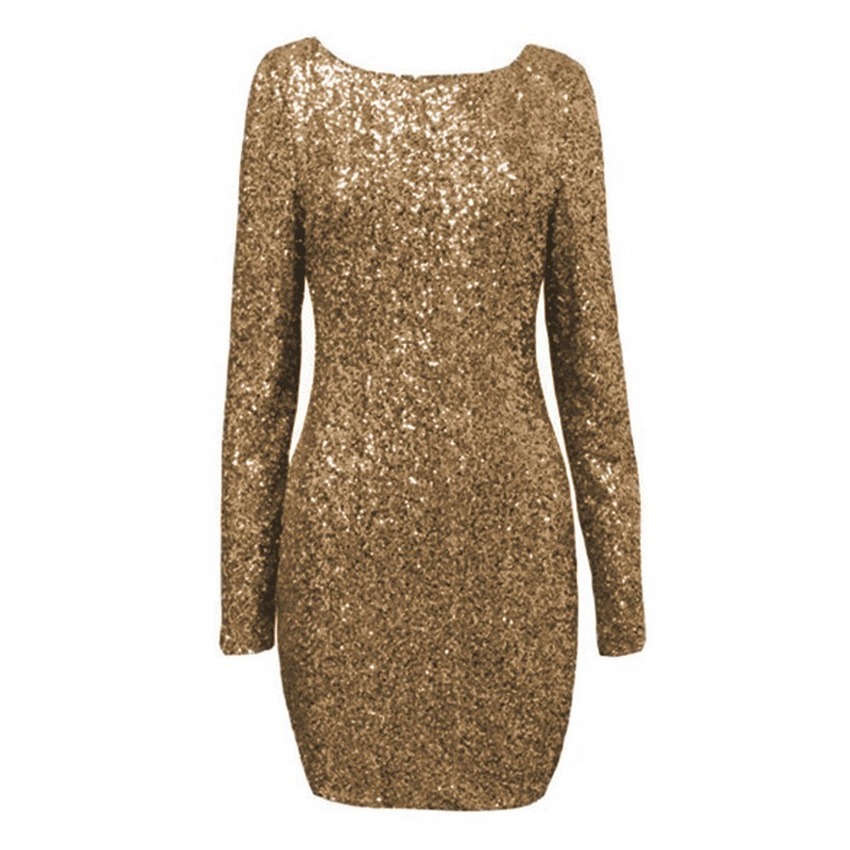 Toprank Fashion Major Halter Back Sequin Dress Open Back LongSleeve Backless Bodycon Party Asia Dresses For Women Trendy Fashion Style Online ( Gold )