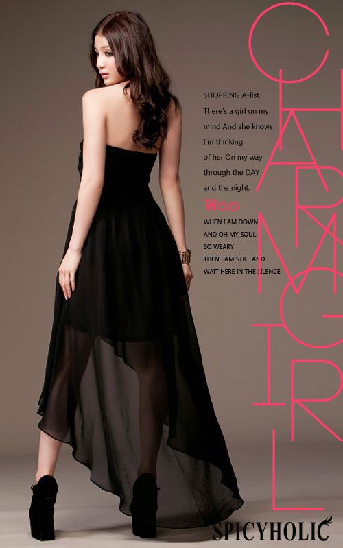 maxi dress ชุดเดรสยาว ชุดเดรสงานแต่งงาน เกาะอก ผ้าชีฟอง สีดำ สามารถใส่ออกงานได้ Asia Street Fashion