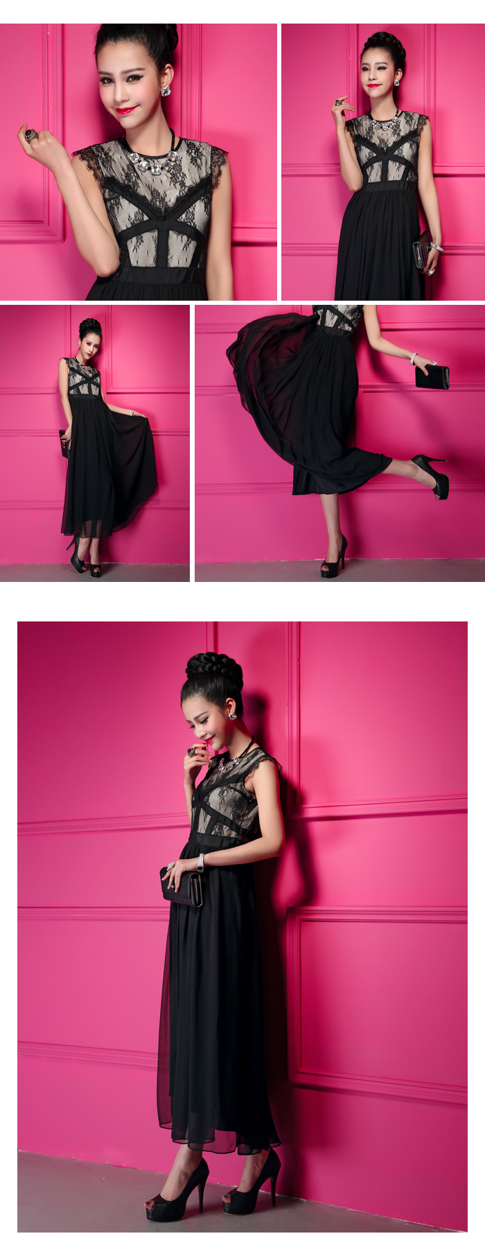 maxi dress ชุดเดรสยาว แฟชั่น ผ้าชีฟอง แต่งลูกไม้ แขนกุด สีดำ ใส่ออกงาน