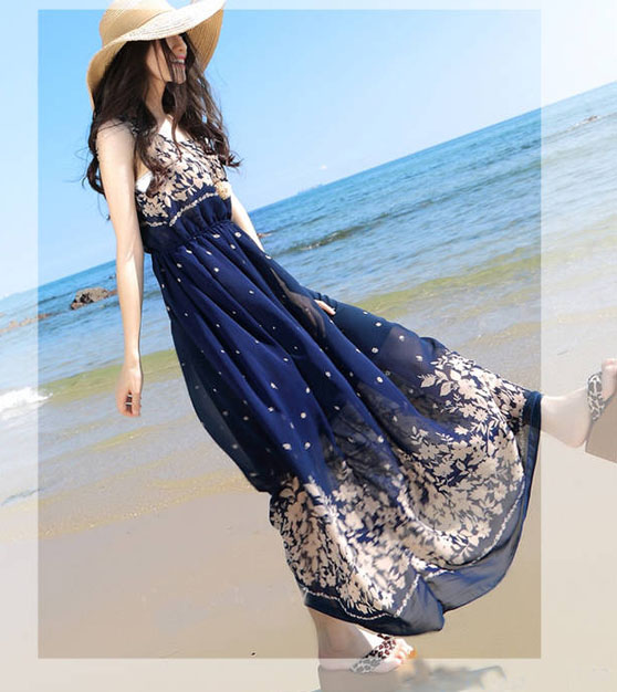maxi dress เดรสยาวผ้าชีฟอง ใส่เที่ยวทะเลชิวๆ สีน้ำเงิน สวย น่ารักๆ Asia Street Fashion