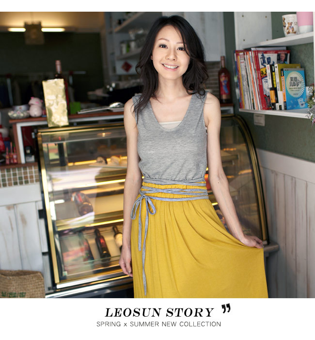 maxi dress ชุดเดรสยาวแฟชั่นแขนกุด ใส่เที่ยว ใส่ทำงาน ผ้าคอตตอน มีสายผูกเย็บติดในตัว สีเทา เหลือง เท่ห์ๆ Asia Street Fashion