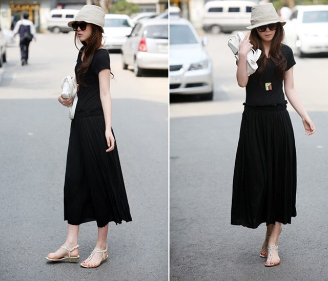maxi dress ชุดเดรสยาว แฟชั่นเกาหลี ผ้า cotton สีดำ ใส่ทำงาน เที่ยว น่ารัก Asia Street Fashion