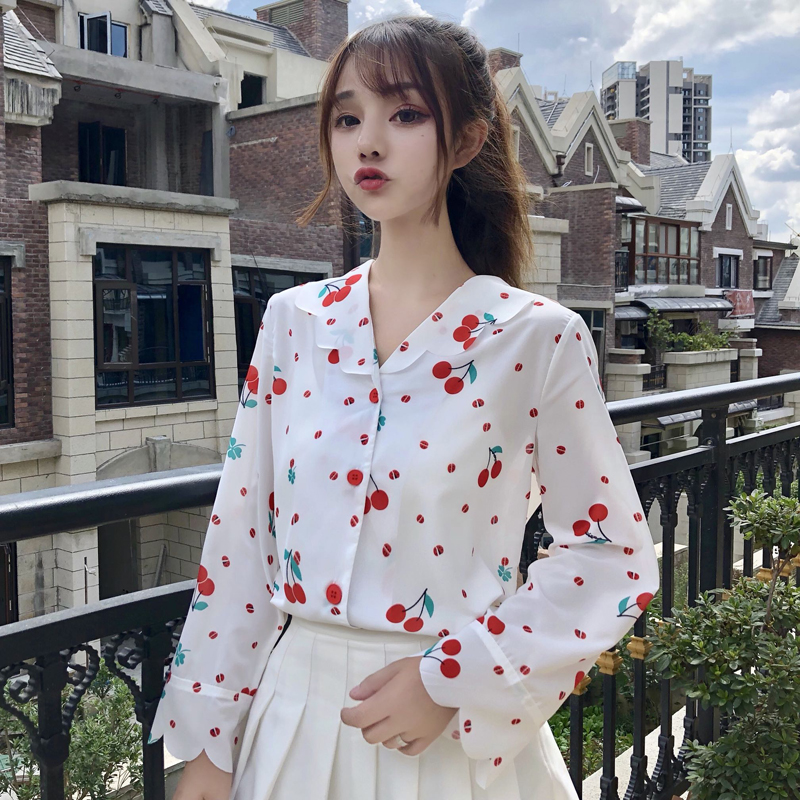 พรีออเดอร์ : เสื้อแฟชั่นสไตล์ญี่ปุ่นแขนยาวสีขาวลายเชอร์รี่น่ารักๆ ใส่สบายๆ