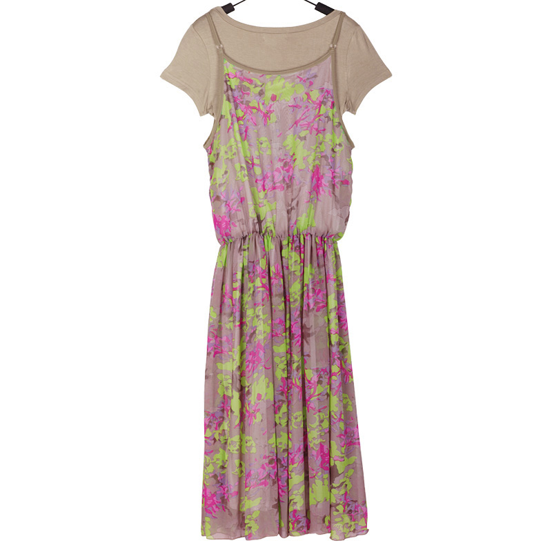 MAXI DRESS ชุดเดรสยาวแฟชั่น 2 ชิ้น ผ้าชีฟอง พื้นสีน้ำตาล ลายเขียว ชมพู ม่วง ใส่ทำงาน ใส่ออกงานได้ น่ารัก ASIA STREET FASHION