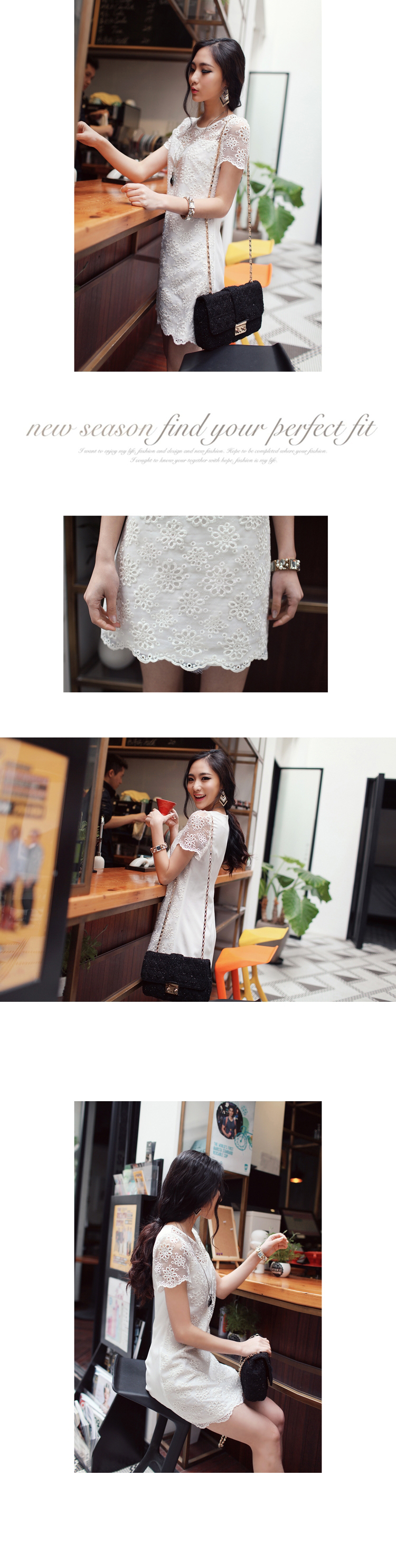DRESS ชุดเดรสแฟชั่นผ้าลูกไม้ ใส่ออกงาน งานแต่งงาน แขนสั้น คอกลม สีขาวครีม น่ารัก ใส่ทำงาน สวยๆ ASIA STREET FASHION