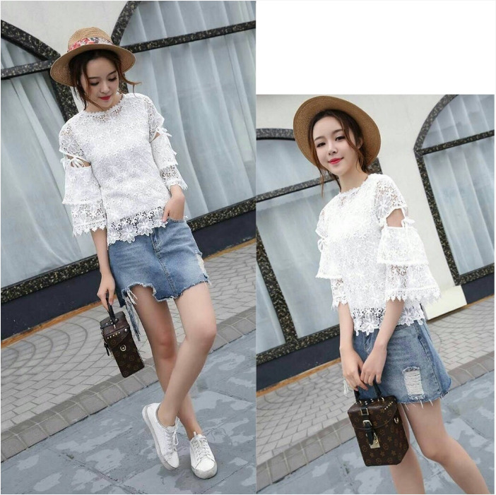 เสื้อลูกไม้สีขาว แขนยาว ผูกโบว์น่ารักๆ แนวเรียบๆ สวย ดูดี mix&matchได้หลายสไตล์