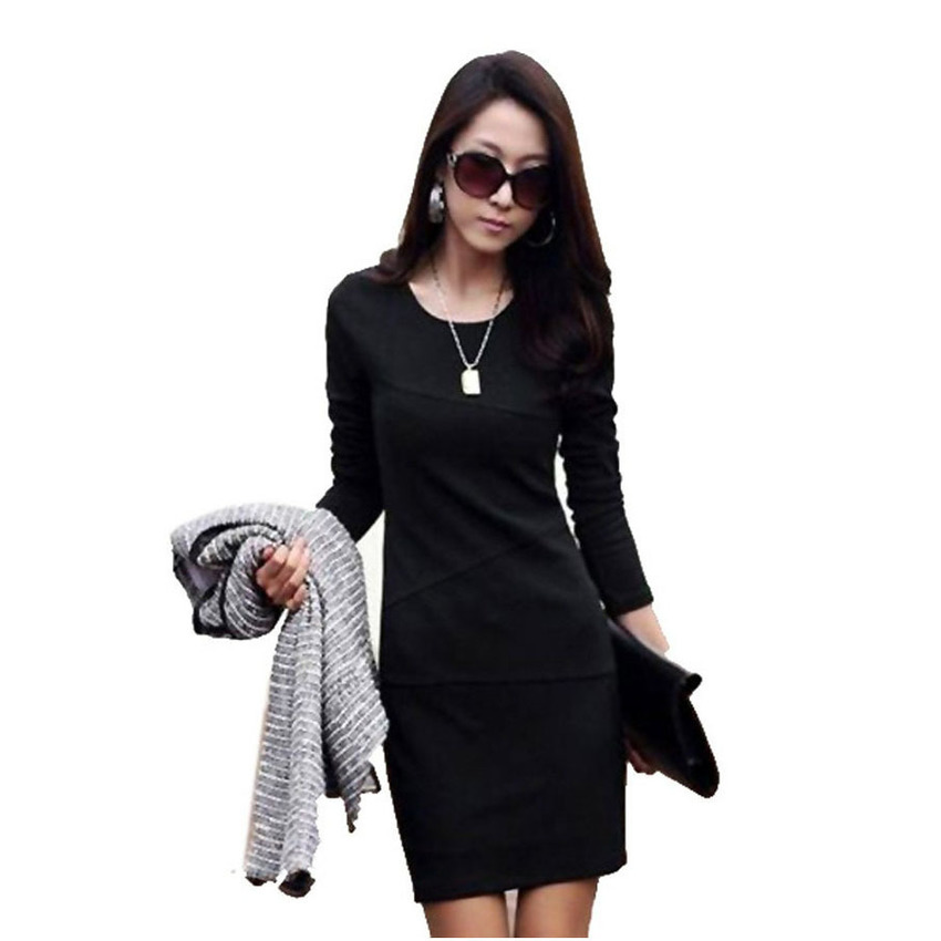Long Sleeve Causal Slim Tunic Cocktail Dresses For Women (Black)