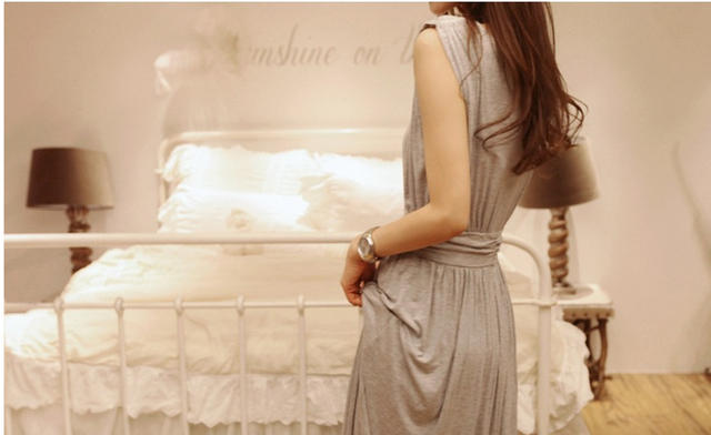 maxi dress ชุดเดรสยาวแฟชั่น คอรูด แขนกุด ใส่ทำงาน ผ้าคอตตอน ซิบหลัง สีเทา ใส่เที่ยว เท่ห์ๆ จ้า Asia Street Fashion