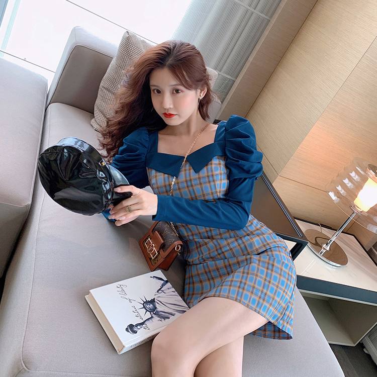Palglg : พรีออเดอร์ เดรสแฟชั่นสไตล์เกาหลีสีน้ำเงินลายสก็อตแขนยาว แบรนด์แท้