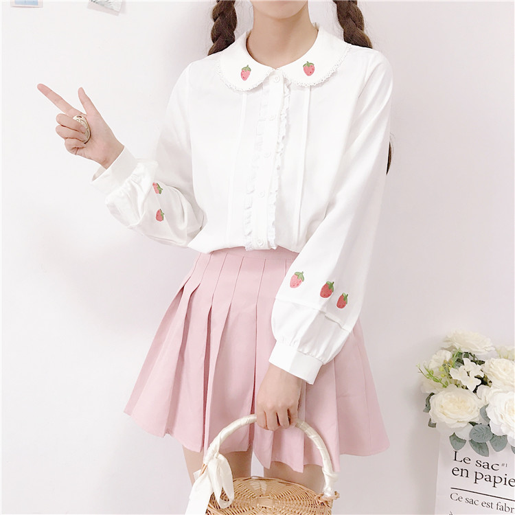 พรีออเดอร์ : เสื้อเชิ้ตแฟชั่นแขนยาวสไตล์ญี่ปุ่นแต่งลายสตรอเบอร์รี่