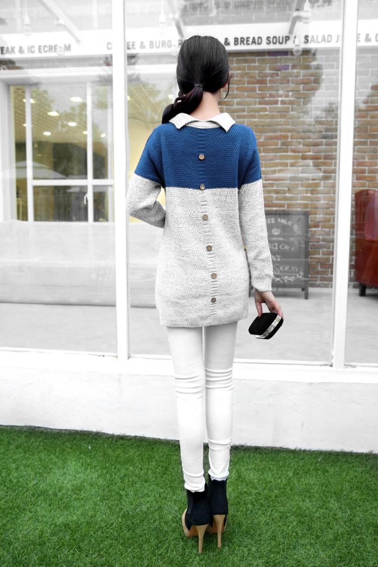 fashion เสื้อกันหนาวไหมพรมแฟชั่น คอปก สีน้ำเงิน น่ารักๆ ใส่เที่ยว