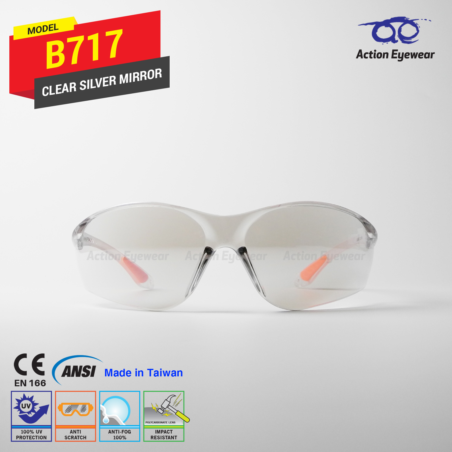 แว่นตานิรภัย รุ่น B717 (กันฝ้า 100%) เลนส์ใสปรอท