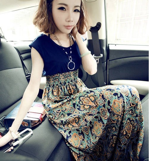 maxi dress ชุดเดรสยาวแฟชั่นเกาหลี ผ้ายืดตัดต่อผ้าฝ้ายพิมพ์ลาย สีกรมท่า ลายส้มเขียว ใส่ทำงาน