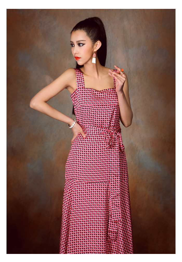 maxi dress - ชุดเดรสยาว ลายสีชมพู ดำ ใส่ออกงาน ใส่เที่ยว เชือกผูกเอว สวยๆ Asia Street Fashion