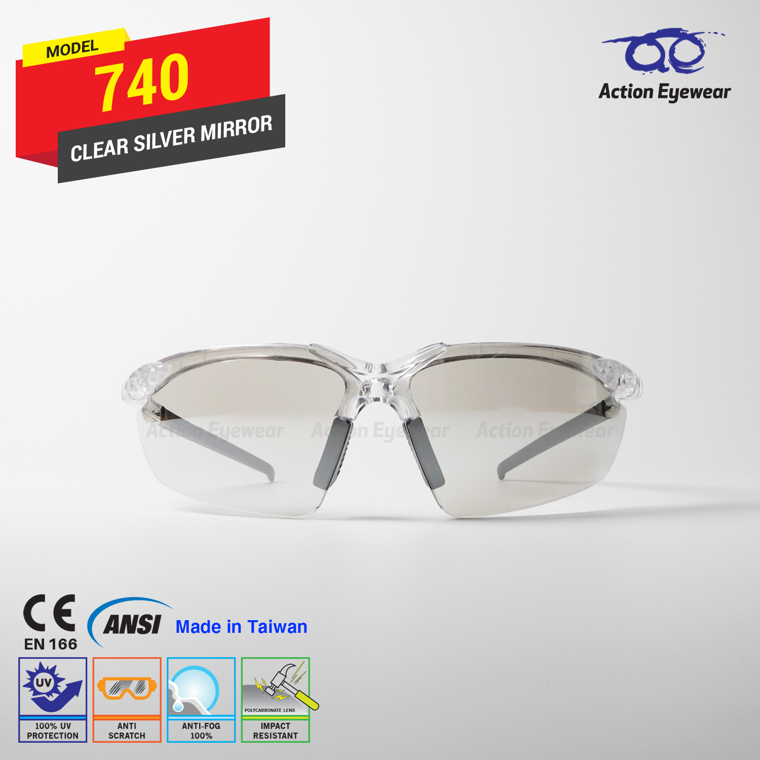 แว่นตานิรภัย รุ่น 740 (กันฝ้า 100%) เลนส์ใสปรอท