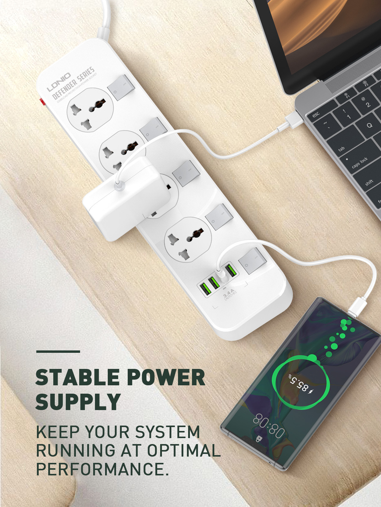 ปลั๊กไฟ รางปลั๊กไฟ ปลั๊กพ่วง LDNIO รุ่น SC4408 4 ช่อง 4 USB สาย 2 เมตร