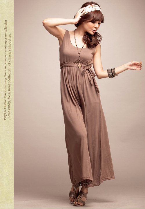 fashion jumpsuit เอี๊ยมกางเกงขายาว สีกากีอมม่วง แขนกุด คอกลม ผ้าคอตตอน ใส่สบาย เท่ห์ๆ มาพร้อมกับเชือกผูกเอว จ้า