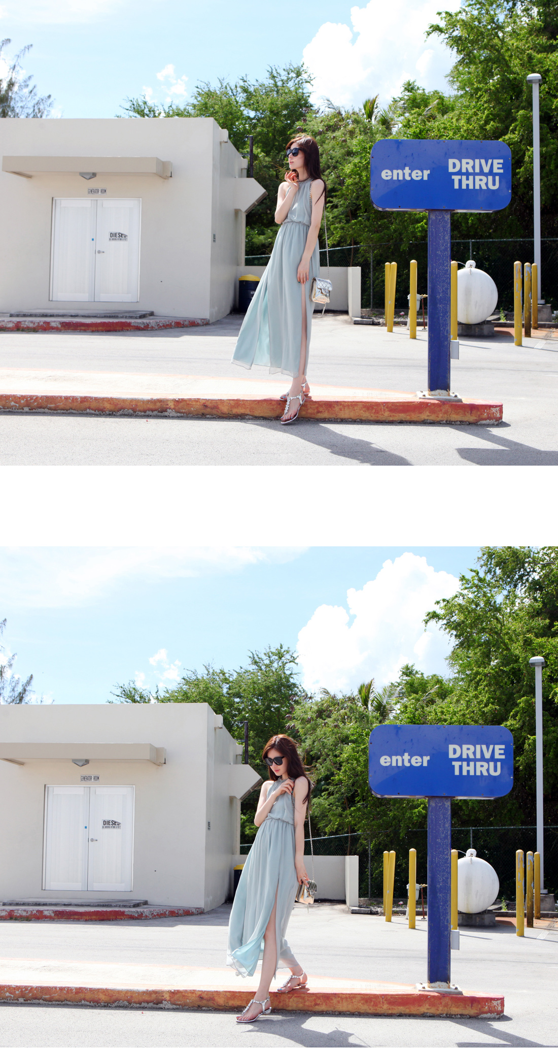 maxi dress - ชุดเดรสยาวผ้าชีฟอง ใสเที่ยว ใส่ทำงาน แขนกุด เปิดหลัง สีเขียว น่ารัก ใส่ออกงานได้ Asia Street Fashion