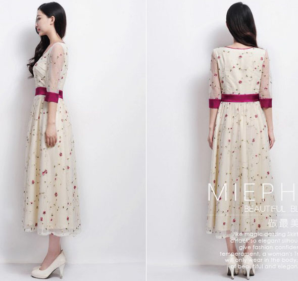 maxi dress เดรสยาว ออกงาน สีครีม จั๊มเอว ใส่ไปงานแต่งงาน น่ารัก สวยๆ