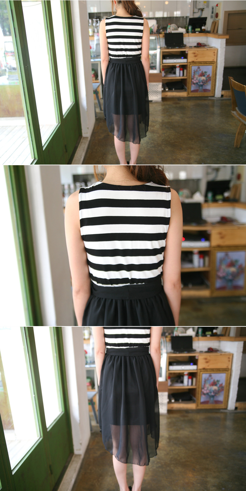 DRESS ชุดเดรสแฟชั่นแขนกุด คอกลม ลายขวางสีดำ ขาว ผ้าคอตตอน + ชีฟอง จั๊มเอว ASIA STREET FASHION