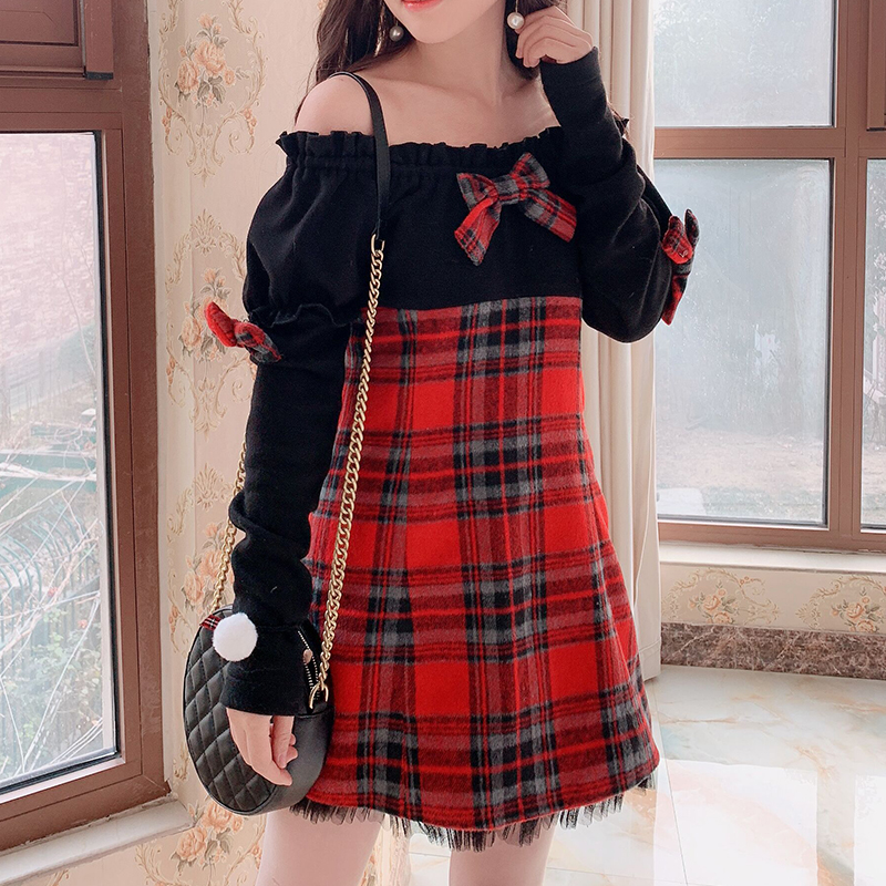 พรีออเดอร์ : เดรสแฟชั่นสไตล์ญี่ปุ่นเกาหลีแบบสวยหวานน่ารักๆ สีดำตัดแดงลายสก็อต