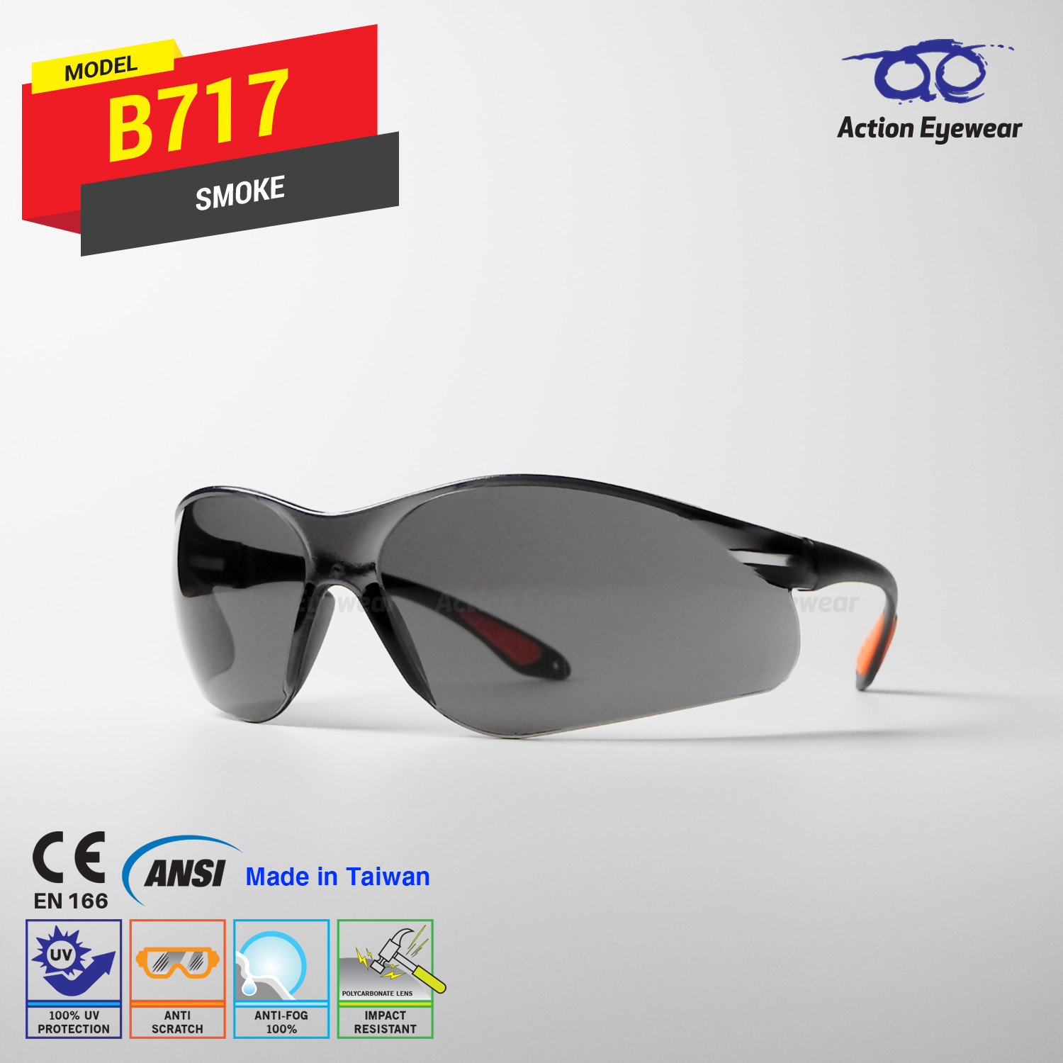 แว่นตานิรภัย รุ่น B717 (กันฝ้า 100%) เลนส์ดำ