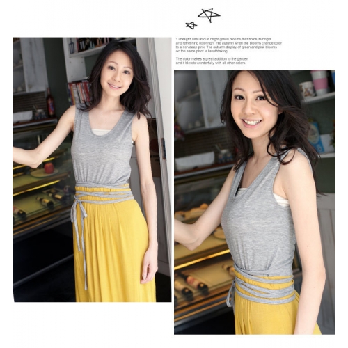 maxi dress ชุดเดรสยาวแฟชั่นแขนกุด ใส่เที่ยว ใส่ทำงาน ผ้าคอตตอน มีสายผูกเย็บติดในตัว สีเทา เหลือง เท่ห์ๆ Asia Street Fashion