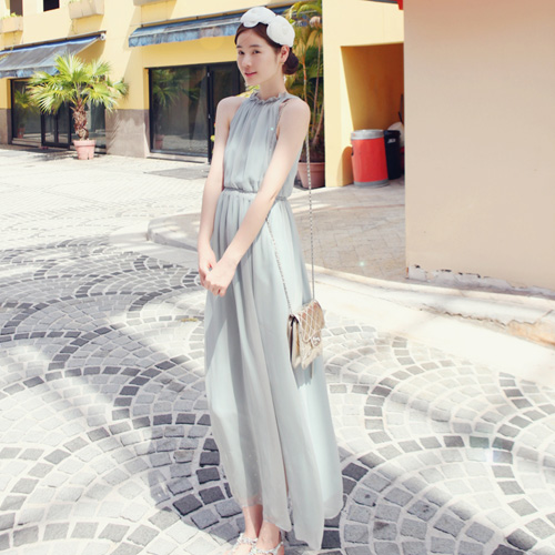 maxi dress - ชุดเดรสยาวผ้าชีฟอง ใสเที่ยว ใส่ทำงาน แขนกุด เปิดหลัง สีเขียว น่ารัก ใส่ออกงานได้ Asia Street Fashion