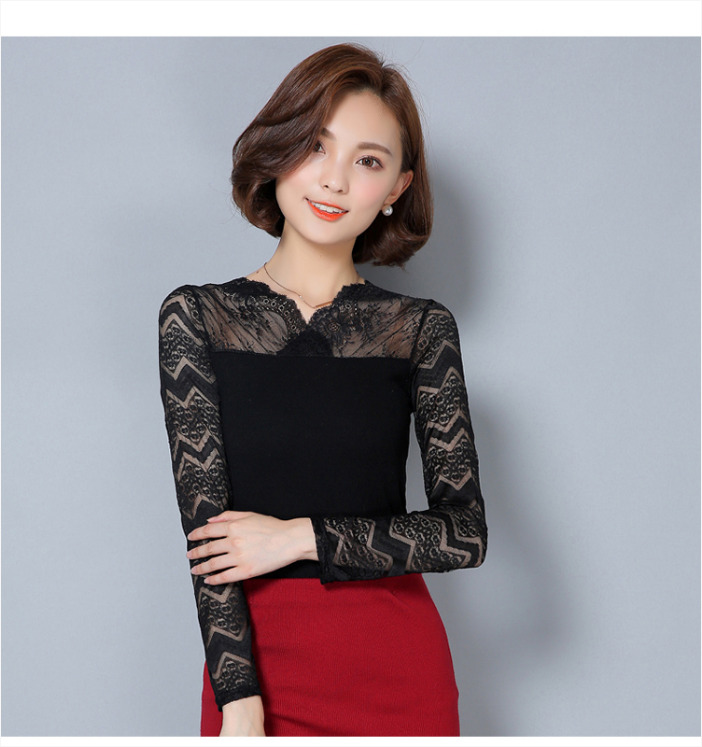 เสื้อทำงานผู้หญิงสีดำ แขนยาวลูกไม้ แนวเรียบๆ สวยดูดี แฟชั่นทำงานออฟฟิศ