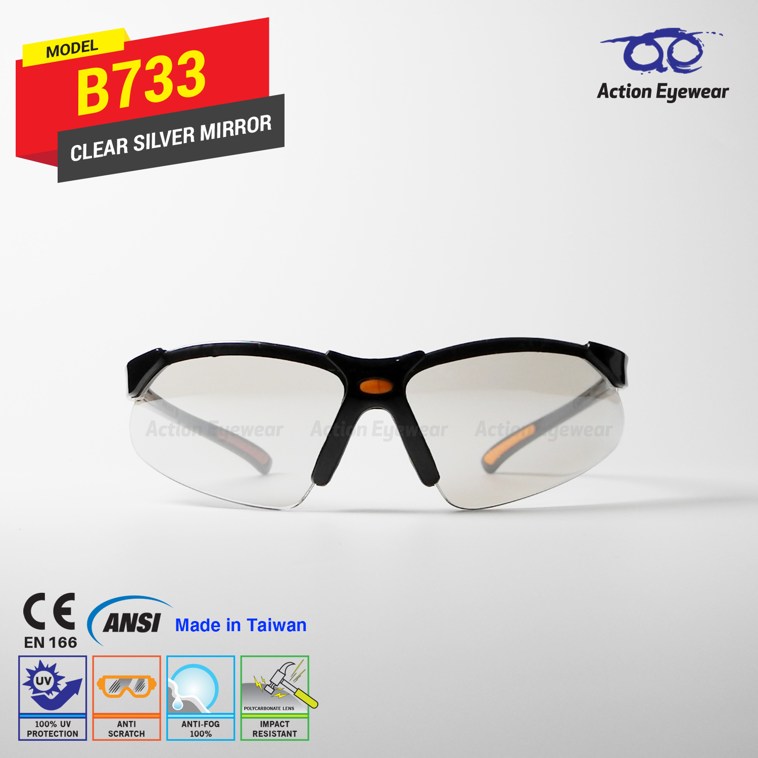 แว่นตานิรภัย รุ่น B733 (กันฝ้า 100%) เลนส์ใสปรอท