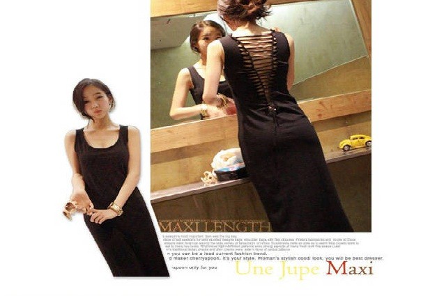 maxi dress เดรสยาวเข้ารูป สีดำ ใส่เที่ยว ใส่ทำงาน แขนกุด ผ้าคอตตอน ด้านหลังเป็นสายร้อยไขว้หลัง เซ็กซี่ เหมาะสำหรับสาวเท่ห์ ใส่ออกงานได้ค่ะ Asia Street Fashion