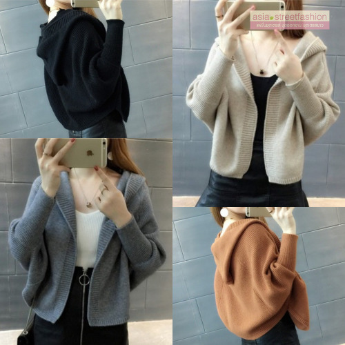เสื้อคลุมกันหนาว ไหมพรมถัก ตัวสั้นมีฮู๊ด มีให้เลือกหลายสี พร้อมส่ง สีดำ