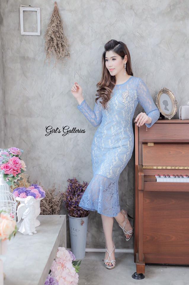 แฟชั่นชุดออกงาน/ชุดไปงานแต่งงานสีฟ้า เดรสเข้ารูปทรงหางปลา แขนยาว ลุคเรียบหรู สวยสง่า ดูดี ดูแพง