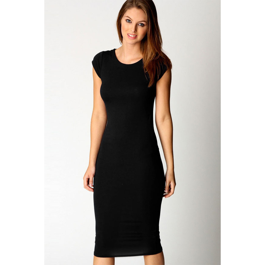 Jo.In Womens Cap Sleeve Jersey Bodycon Midi Womens Dresses Online M-XL (Black)
