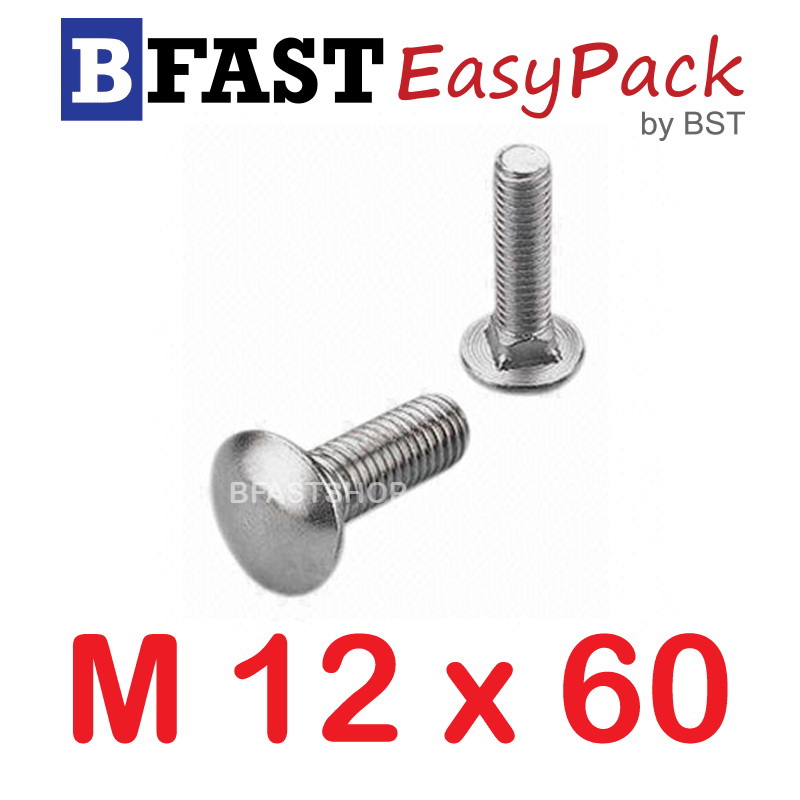 สกรูหัวกลมคอเหลี่ยมสแตนเลส M12 x 60 (1 ตัว/ถุง)