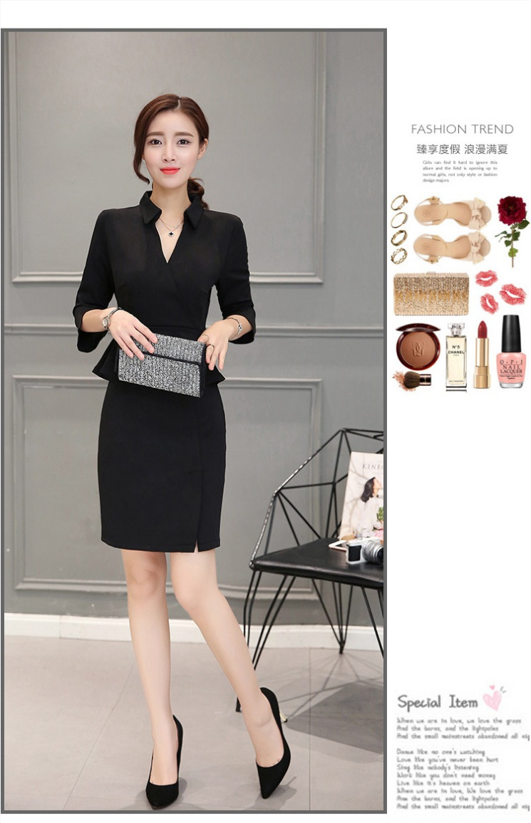 ชุดเดรสทำงานสีดำ เข้ารูป คอปก เอวแต่งระบาย แนวเรียบๆ สวยดูดี แฟชั่นชุดทำงานสไตล์ออฟฟิศ