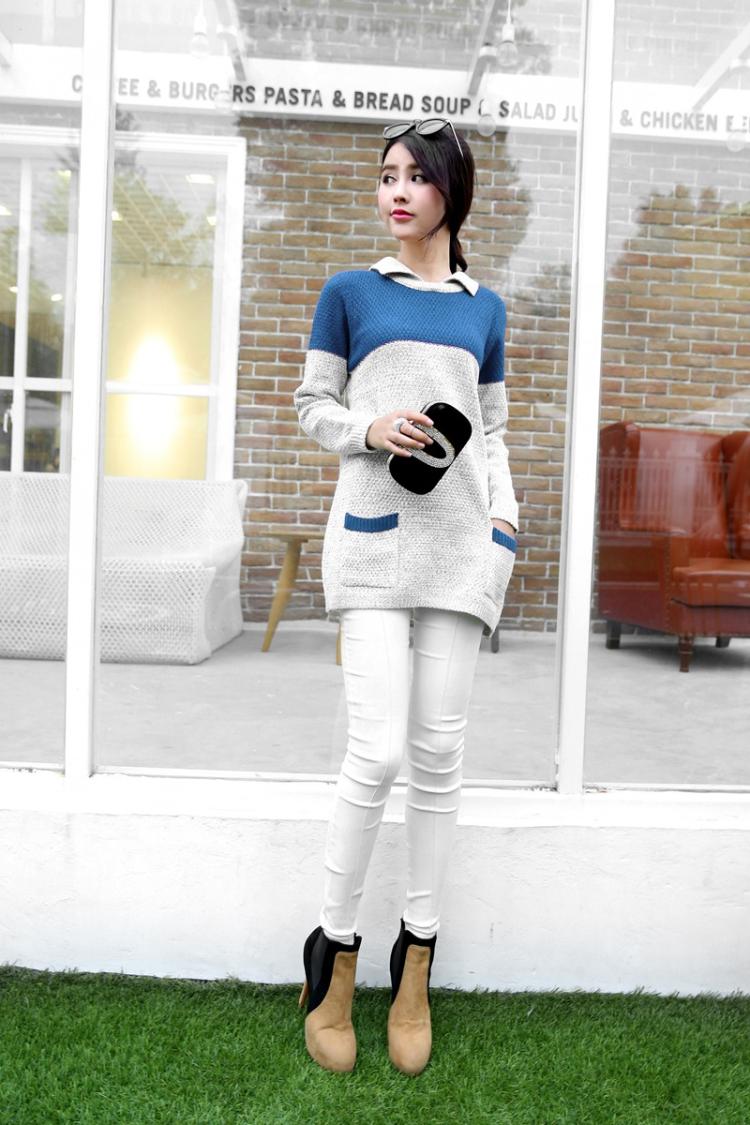 fashion เสื้อกันหนาวไหมพรมแฟชั่น คอปก สีน้ำเงิน น่ารักๆ ใส่เที่ยว