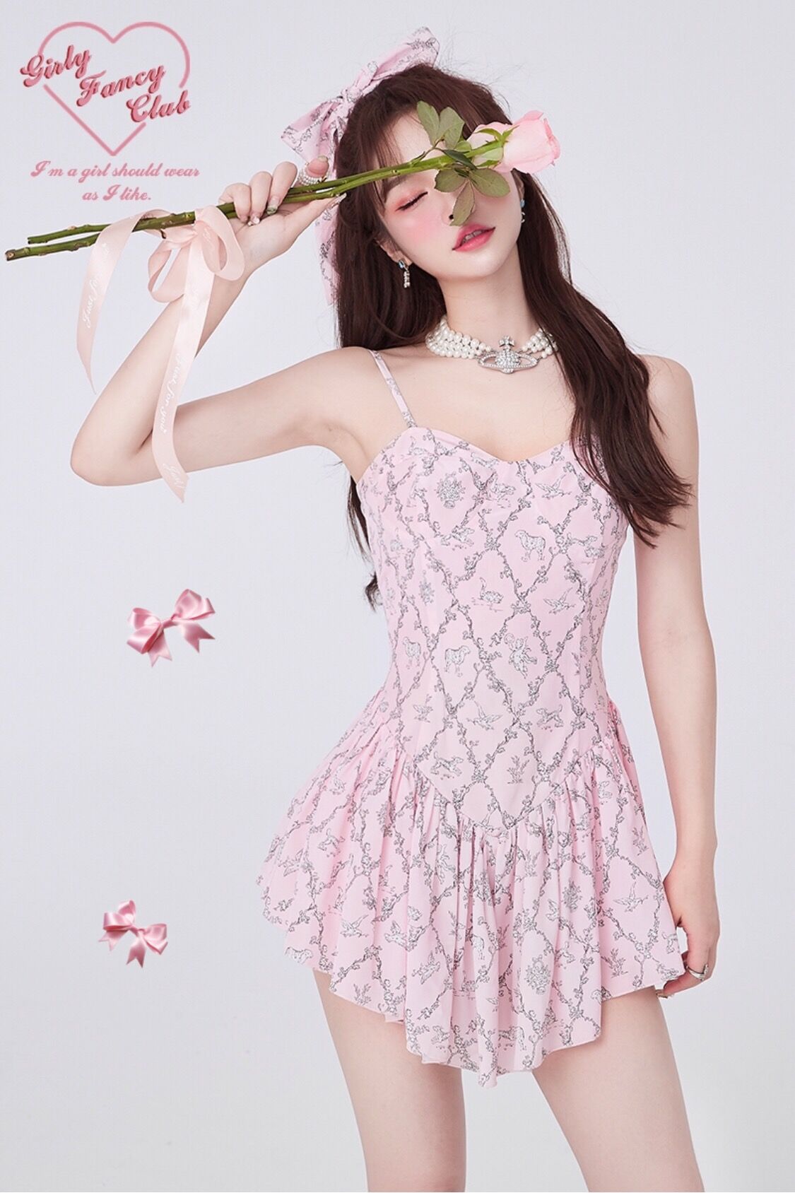 Girly Fancy Club : พรีออเดอร์ เดรสสายเดี่ยวแฟชั่นไตล์หวาน พิมพ์ลายผ้าตามแบบ แบรนด์แท้