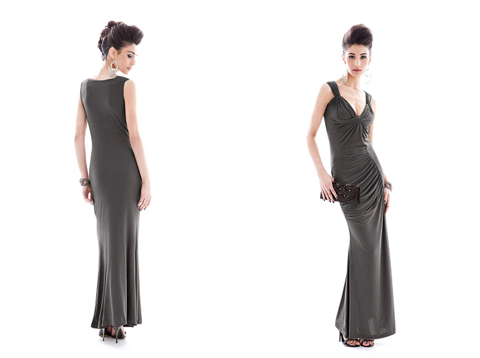 MAXI DRESS เดรสยาว ผ้าคอตตอน แขนกุด เข้ารูป คอวี เซ็กซี่ สีเทา ใส่เที่ยว ใส่ออกงาน สวยๆ ASIA STREET FASHION