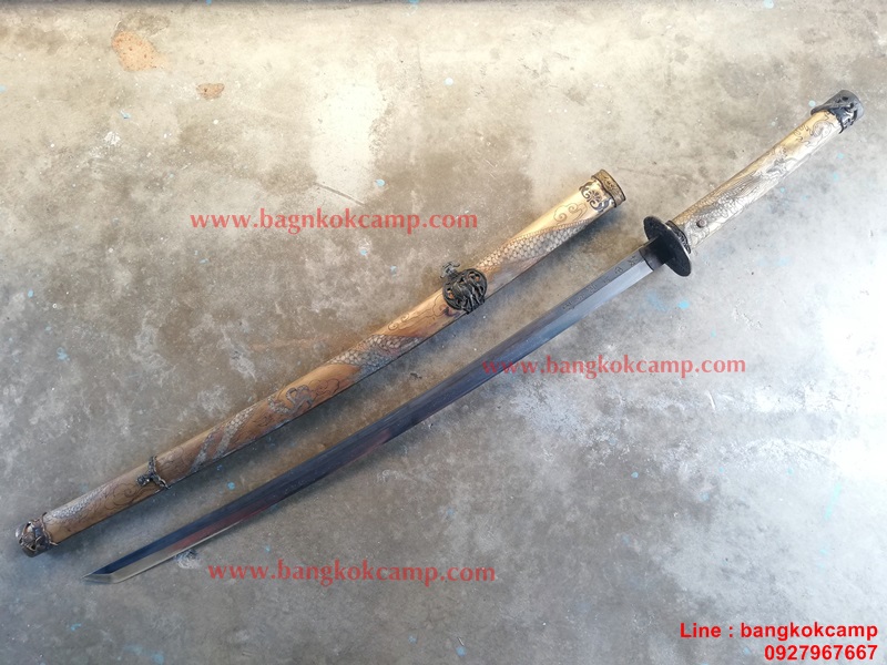 ดาบซามูไร (ยาว) ใบมีดเป็นเหล็กลาย (ใบมีดดามัสกัส) ลายมังกร